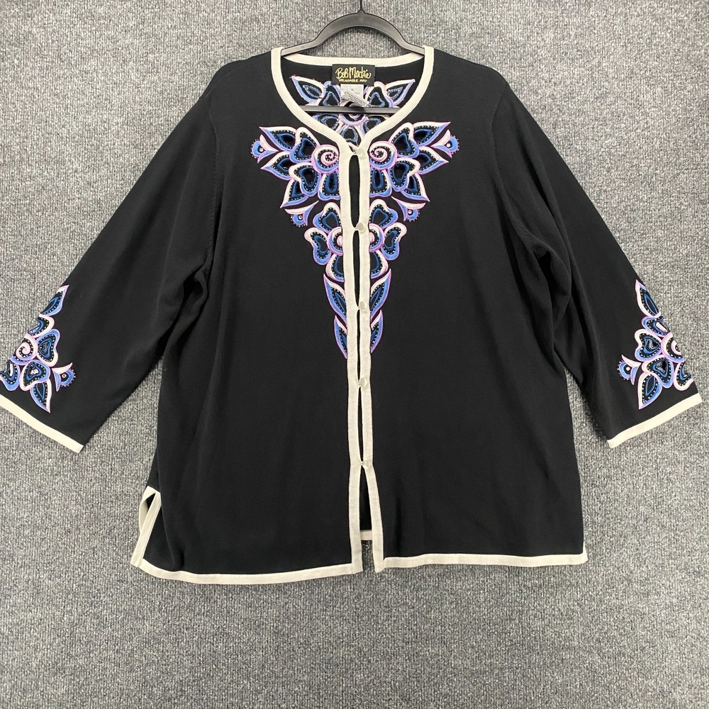 Bob Mackie Wearable Art Cardigan Size 1X Blue Floral‎ Button Up Artsy Grannycore